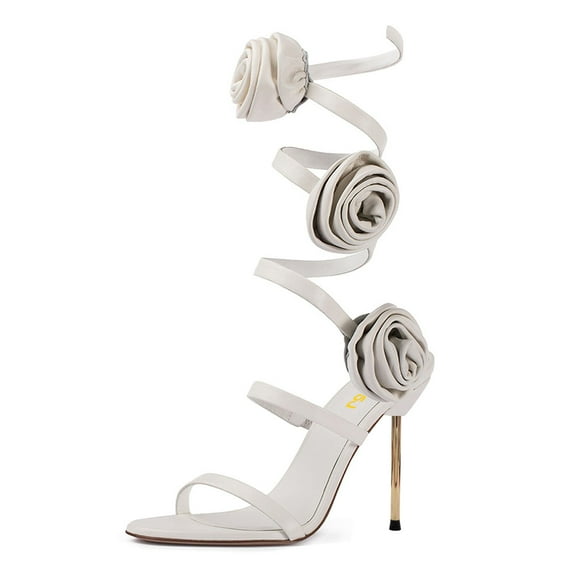 FSJ Women Sexy Round Open Toe Rose Floral Spiral Ankle Wrap Pumps Stiletto Thin High Heel Lace-up Sandals Prom Wedding Shoes Size 8 Gray