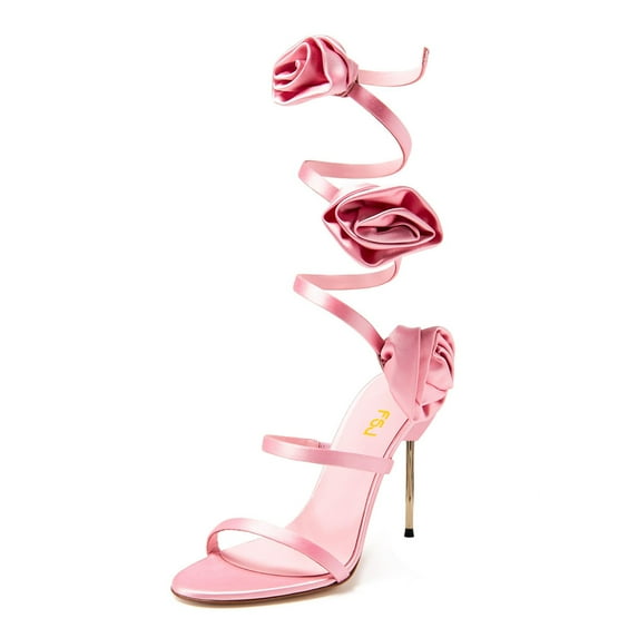 FSJ Women Sexy Round Open Toe Rose Floral Spiral Ankle Wrap Pumps Stiletto Thin High Heel Lace-up Sandals Prom Wedding Shoes Size 8 Rosy