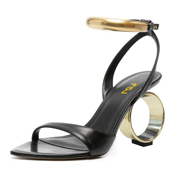 FSJ Women Sexy Single Strap Pointy Open Toe Circle High Heel Sandals Ankle Strap Dress Party Wedding Bridal Pumps Shoes Size 12 Black Gold