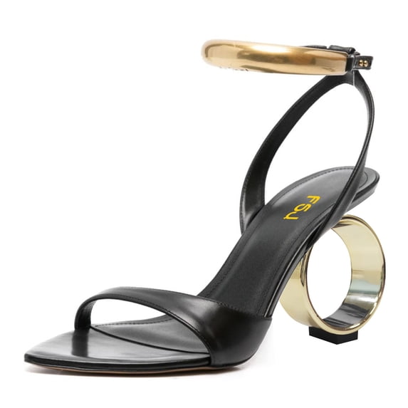 FSJ Women Sexy Single Strap Pointy Open Toe Circle High Heel Sandals Ankle Strap Dress Party Wedding Bridal Pumps Shoes Size 8 Black Gold
