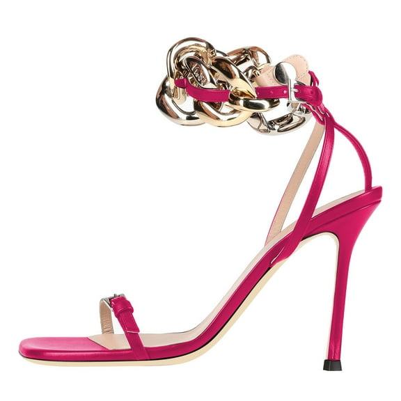 FSJ Women Sexy Square Open Toe Stiletto High Heel Sandals Large Gold Chain Buckle Strap Sandals Prom Dressy Shoes Size 14 Pink
