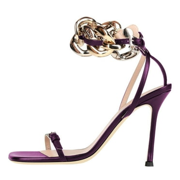 FSJ Women Sexy Square Open Toe Stiletto High Heel Sandals Large Gold Chain Buckle Strap Sandals Prom Dressy Shoes Size 8 Purple