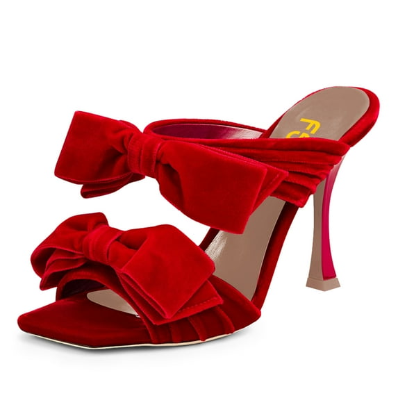 FSJ Women Sexy Two Bows Open Toe Mules Stiletto High Heel Slip On Party Evening Prom Dress Slides Shoes Size 5 Red
