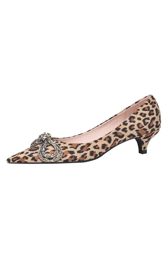 Women Shiny Metal Bowknot Pointed Toe Pumps Slip on Kitten Low Heels Elegant Wedding Dressy Work Shoes Size 10.5 Leopard