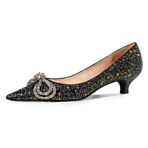 FSJ Women Shiny Metal Bowknot Pointed Toe Pumps Slip on Kitten Low Heels Elegant Wedding Dressy Work Shoes Size 10 Black Glitter