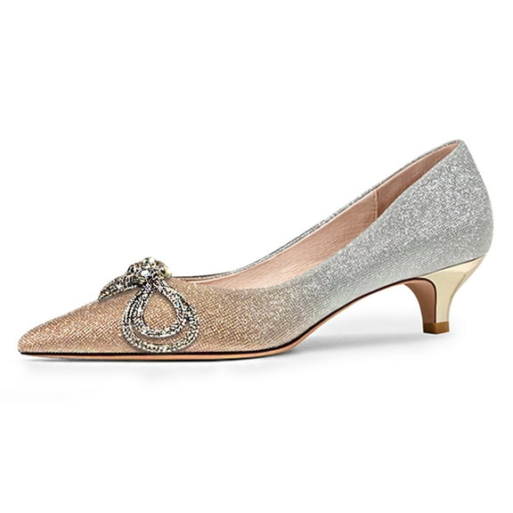 FSJ Women Shiny Metal Bowknot Pointed Toe Pumps Slip on Kitten Low Heels Elegant Wedding Dressy Work Shoes Size 11 Glitter Gradient