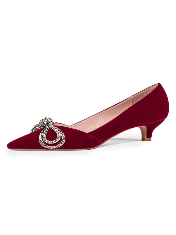 Women Shiny Metal Bowknot Pointed Toe Pumps Slip on Kitten Low Heels Elegant Wedding Dressy Work Shoes Size 4 Dark Red