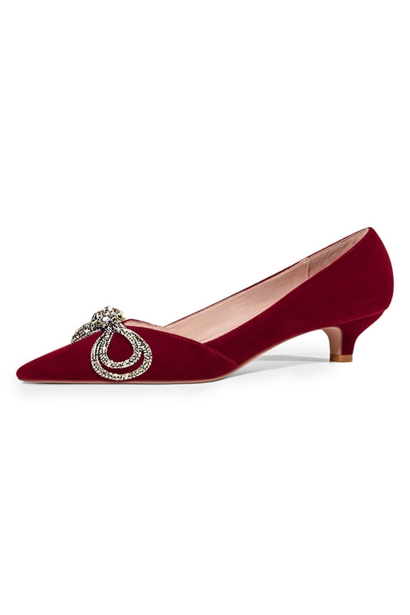 Women Shiny Metal Bowknot Pointed Toe Pumps Slip on Kitten Low Heels Elegant Wedding Dressy Work Shoes Size 4 Dark Red