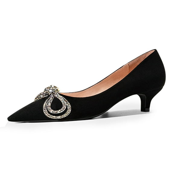 FSJ Women Shiny Metal Bowknot Pointed Toe Pumps Slip on Kitten Low Heels Elegant Wedding Dressy Work Shoes Size 9 Black