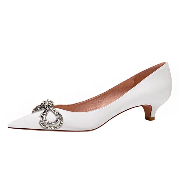 FSJ Women Shiny Metal Bowknot Pointed Toe Pumps Slip on Kitten Low Heels Elegant Wedding Dressy Work Shoes Size 9 White
