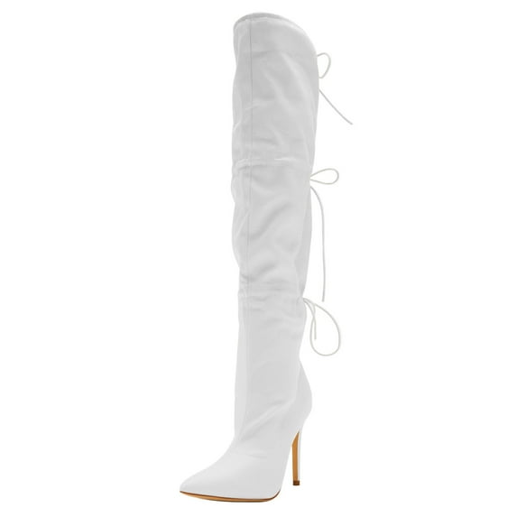 FSJ Women Simple Lace Up Over the Knee Boots Stiletto High Heel Pointed Closed Toe Sexy Party Dress Long Boots Shoes Size 10.5 White