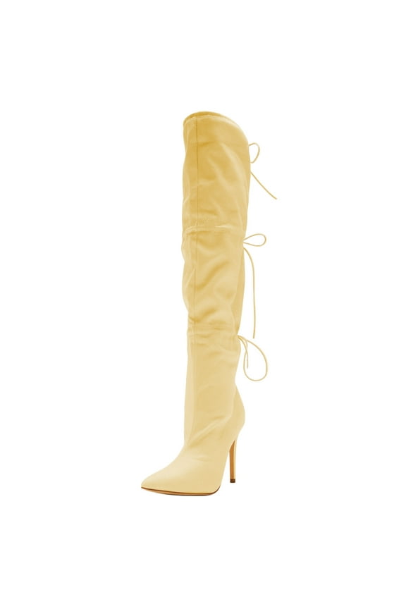 Women Simple Lace Up Over the Knee Boots Stiletto High Heel Pointed Closed Toe Sexy Party Dress Long Boots Shoes Size 10.5 Yellow