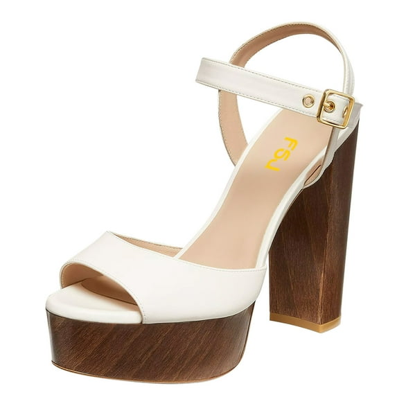 FSJ Women Simple Platform Chunky Block High Heel Sandals Ankle Buckle Strap Round Open Toe Comfy Thick Wedding Party Evening Dressy Shoes Size 16 Wooden Heel
