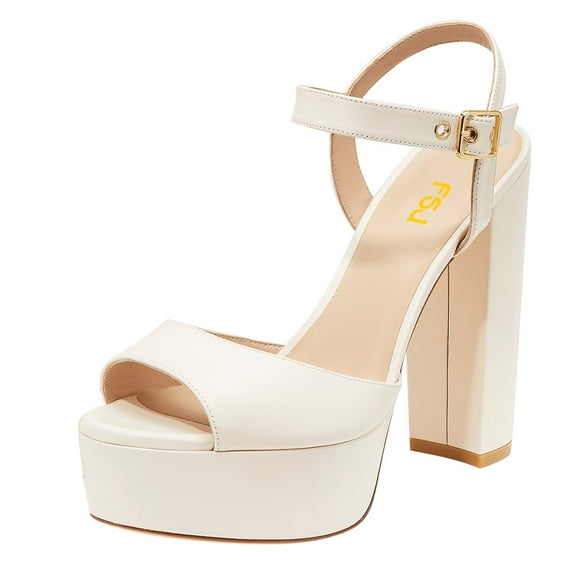 FSJ Women Simple Platform Chunky Block High Heel Sandals Ankle Buckle Strap Round Open Toe Comfy Thick Wedding Party Evening Dressy Shoes Size 9.5 White