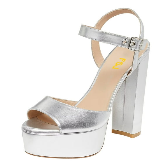 FSJ Women Simple Platform Chunky Block High Heel Sandals Ankle Buckle Strap Round Open Toe Comfy Thick Wedding Party Evening Dressy Shoes Size 9 Silver
