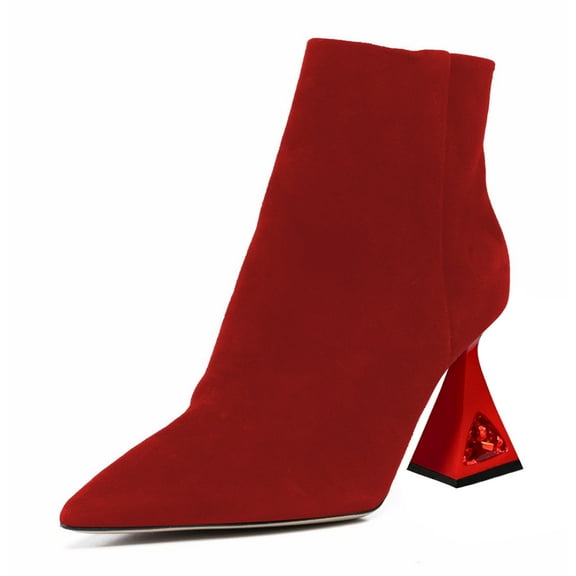 FSJ Women Simple Pointed Closed Toe Ankle Boots Flared High Heel Side Zippeer Short Boots Dressy Party Shoes Size 6 Red