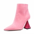 thumbnail image 1 of FSJ Women Simple Pointed Closed Toe Ankle Boots Flared High Heel Side Zippeer Short Boots Dressy Party Shoes Size 8 Pink, 1 of 4