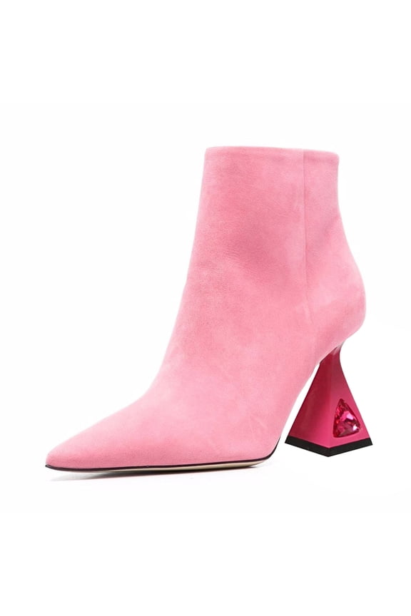 Women Simple Pointed Closed Toe Ankle Boots Flared High Heel Side Zippeer Short Boots Dressy Party Shoes Size 8 Pink