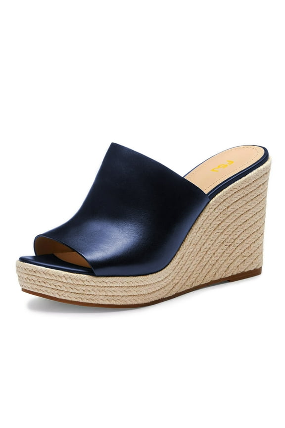 Women Simple Round Open Toe Platform Wedge Heel Espadrille Slip On Sandal Summer Casual Mules Outdoor Dressy Shoes Size 10 Navy