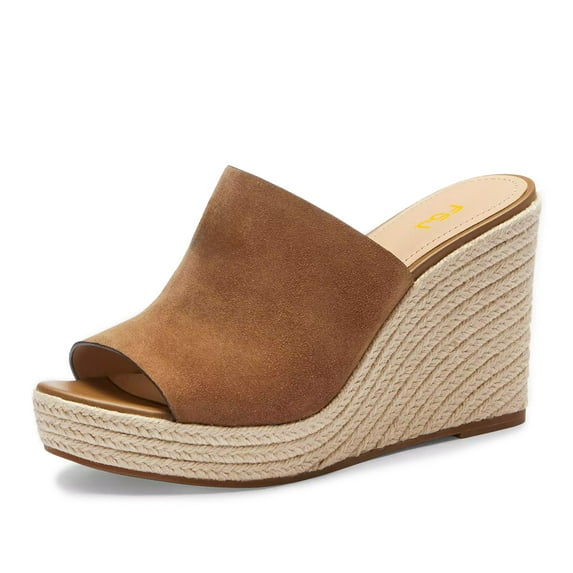 FSJ Women Simple Round Open Toe Platform Wedge Heel Espadrille Slip On Sandal Summer Casual Mules Outdoor Dressy Shoes Size 14 Brown