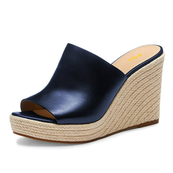 FSJ Women Simple Round Open Toe Platform Wedge Heel Espadrille Slip On Sandal Summer Casual Mules Outdoor Dressy Shoes Size 8 Navy