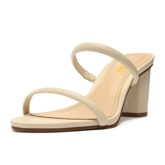 FSJ Women Simple Round Open Toe Sandals Two Strap Slide Mules Slip On Block Chunky Mid Heels Pumps Casual Daily Shoes Size 10.5 White