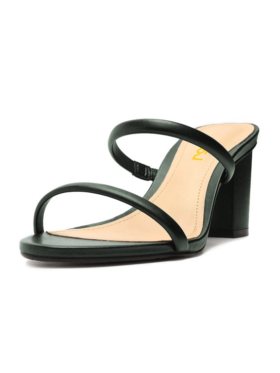 Women Simple Round Open Toe Sandals Two Strap Slide Mules Slip On Block Chunky Mid Heels Pumps Casual Daily Shoes Size 11 Green