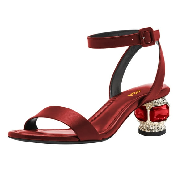FSJ Women Simple Single Strap Open Toe Sandals Ankle Buckle Strap Crystal Chunky Low Heels Pumps Wedding Bridal Dressy Slide Shoes Size 9.5 Red