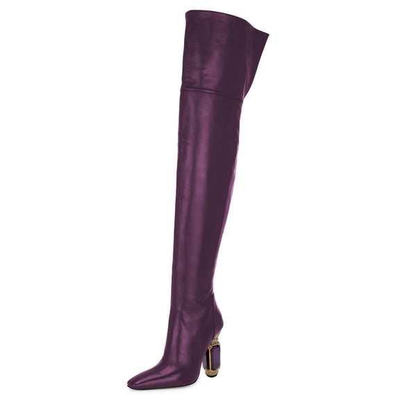 FSJ Women Simple Square Closed Toe Over The Knee Boots Sparkly Crystal Block Heel Thigh High Boots Back Zipper Party Prom Office Boots Shoes Size 4 Purple