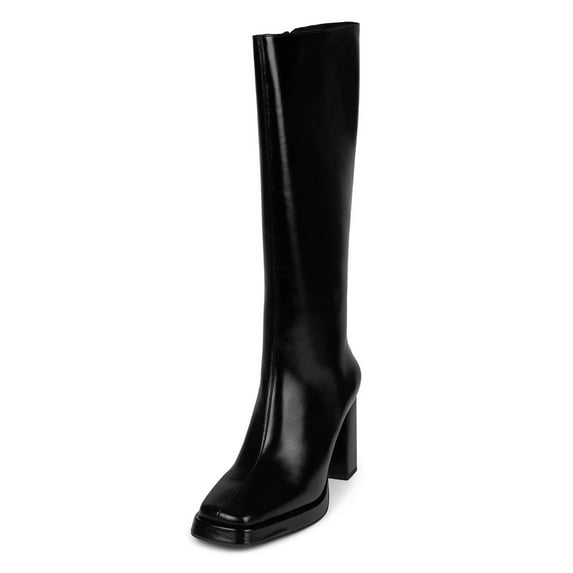 FSJ Women Simple Square Closed Toe Low Platform Knee-High Boots Chunky High Heel Side Zipper Tall Boots Casual Daily Wear Shoes Size 6 Black