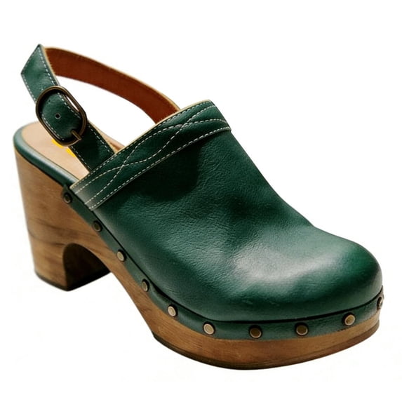 FSJ Women Slingback Clogs Wooden Block Heel Closed Round Toe Platform Studded Mules Buckle Strap Vintage Dress Slide Sandals Size 11 Green