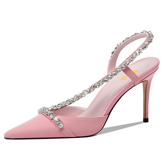 FSJ Women Slingback Pointed Toe Pumps Stiletto High Heels Slip On Sandals Crystal Embellish Cutout Backless Party Dressy Shoes Size 5.5 Pink