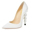 thumbnail image 1 of FSJ Women Slip On Pearl Beaded High Heel Slip On Pumps Pointed Toe Classic Party Club Shoes Size 5 White, 1 of 4
