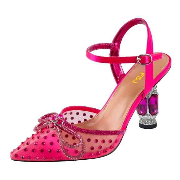 FSJ Women Sparkling Double Bow Sandals Pointed Closed Toe Ankle Strap Crystal Chunky Mid Heels Pumps Wedding Bridal Party Shoes Size 16 Pink