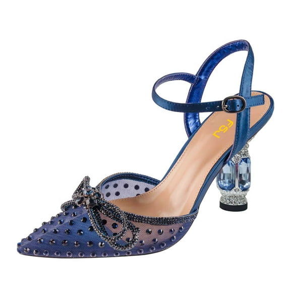 FSJ Women Sparkling Double Bow Sandals Pointed Closed Toe Ankle Strap Crystal Chunky Mid Heels Pumps Wedding Bridal Party Shoes Size 8 Blue