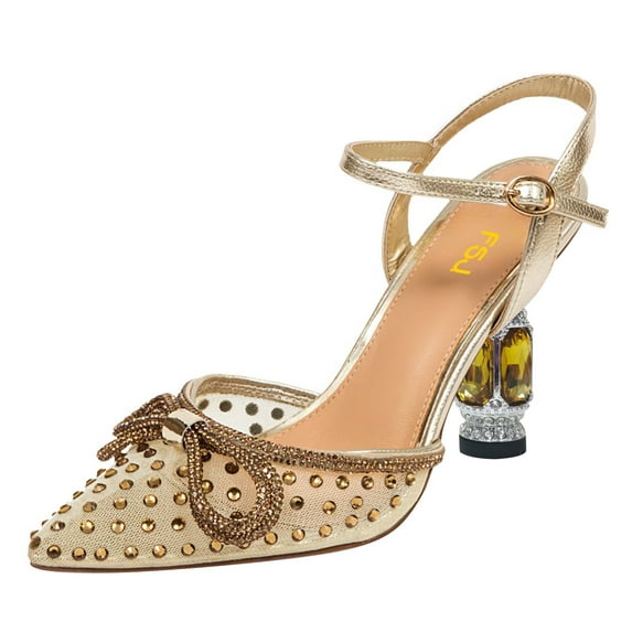 FSJ Women Sparkling Double Bow Sandals Pointed Closed Toe Ankle Strap Crystal Chunky Mid Heels Pumps Wedding Bridal Party Shoes Size 9.5 Gold