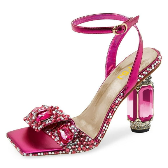 FSJ Women Sparkly Crsystal Square Open Toe Sandals Ankle Buckle Strap Block Diamond High Heel Wedding Party Dressy Slide Shoes Size 16 Pink