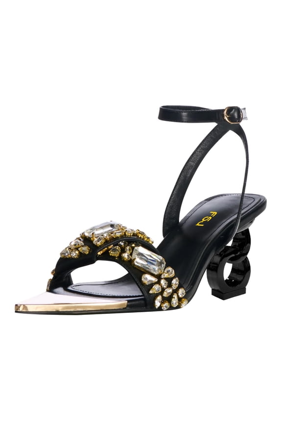 Women Sparkly Diamond Pointed Open Toe Sandals Band Ankle Buckle Chic Chain Mid Heels Wedding Party Shoes Size 10 Black