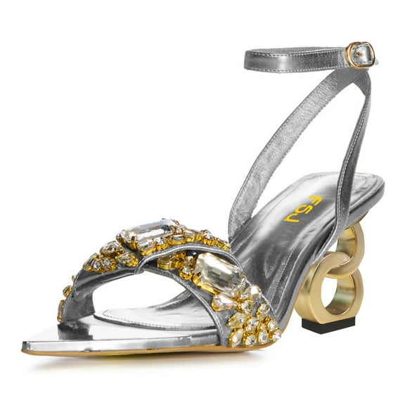 FSJ Women Sparkly Diamond Pointed Open Toe Sandals Band Ankle Buckle Chic Chain Mid Heels Wedding Party Shoes Size 4 Silver