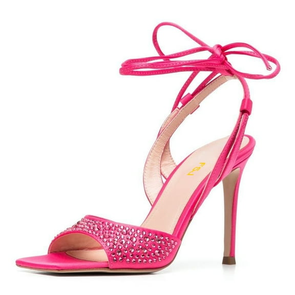 FSJ Women Sparkly Rhinestone Lace Up Heels Tie Up Stiletto High Heel Sandals Square Open Toe Strappy Prom Party Shoes Size 14 Pink
