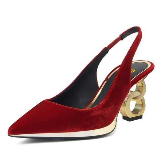 FSJ Women Special Gold Chain Slingback Pumps Chunky Heel Pointed Toe Slip On Sandals Dressy High Heel Casual Wedding Office Shoes Size 7.5 Red