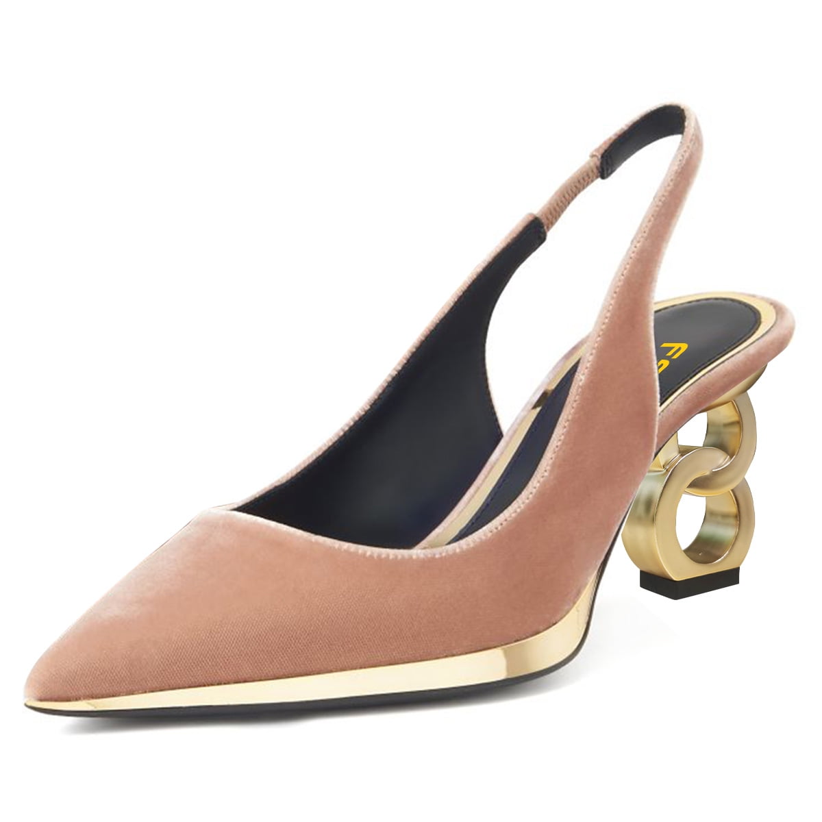 FSJ Women Special Gold Chain Slingback Pumps Chunky Heel Pointed Toe ...