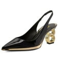 thumbnail image 1 of FSJ Women Special Gold Chain Slingback Pumps Chunky Heel Pointed Toe Slip On Sandals Dressy High Heel Casual Wedding Office Shoes Size 8.5 Black, 1 of 4