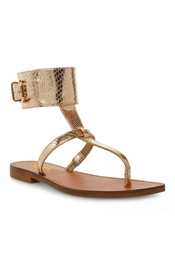Women Split Open Toe Thong Sandals Wide Buckled Ankle Strap Flats Summer Beach Vacation Gladiator Sandals Size 5 Gold