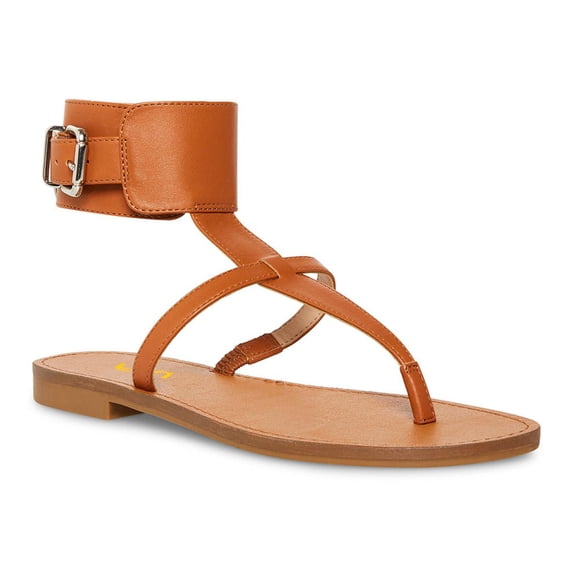 FSJ Women Split Open Toe Thong Sandals Wide Buckled Ankle Strap Flats Summer Beach Vacation Gladiator Sandals Size 6 Brown