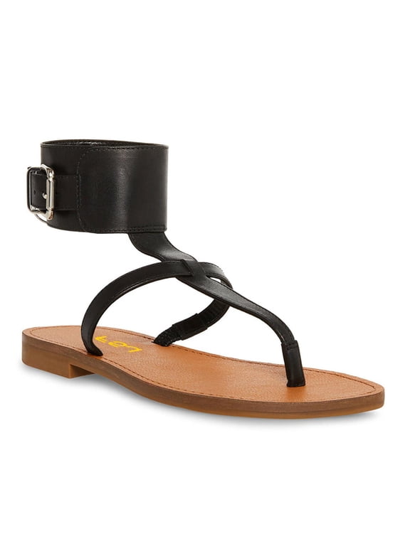 Women Split Open Toe Thong Sandals Wide Buckled Ankle Strap Flats Summer Beach Vacation Gladiator Sandals Size 7.5 Black