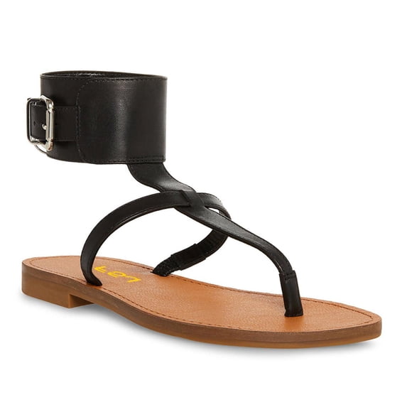 FSJ Women Split Open Toe Thong Sandals Wide Buckled Ankle Strap Flats Summer Beach Vacation Gladiator Sandals Size 8 Black