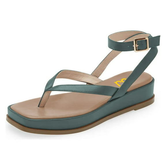 FSJ Women Split Toe Strappy Thong Sandals Buckled Ankle Strap Flat Heeled Shoes Summer Beach Dressy Flatform Sandals Size 15 Teal