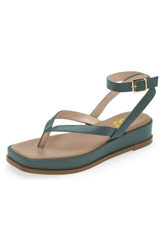Women Split Toe Strappy Thong Sandals Buckled Ankle Strap Flat Heeled Shoes Summer Beach Dressy Flatform Sandals Size 9 Teal