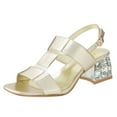 thumbnail image 1 of FSJ Women Square Open Toe Sandals Clear Crystal Chunky Mid Heel Slingbacks T-strap Buckle Multicolor Band Versatile Comfy Slide Shoes Size 10 Gold, 1 of 4